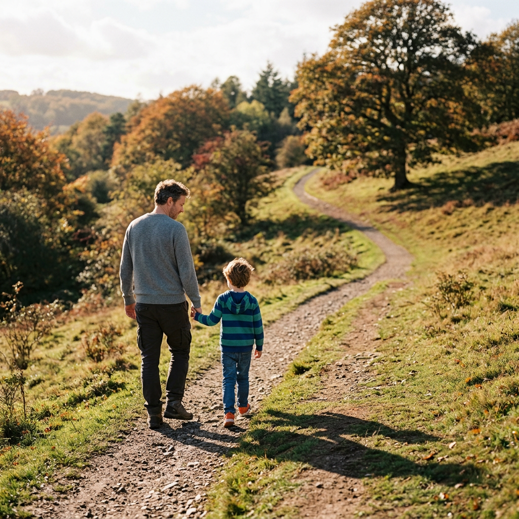 Man and child holding hands walking on a dirt path surrounded by autumn foliage