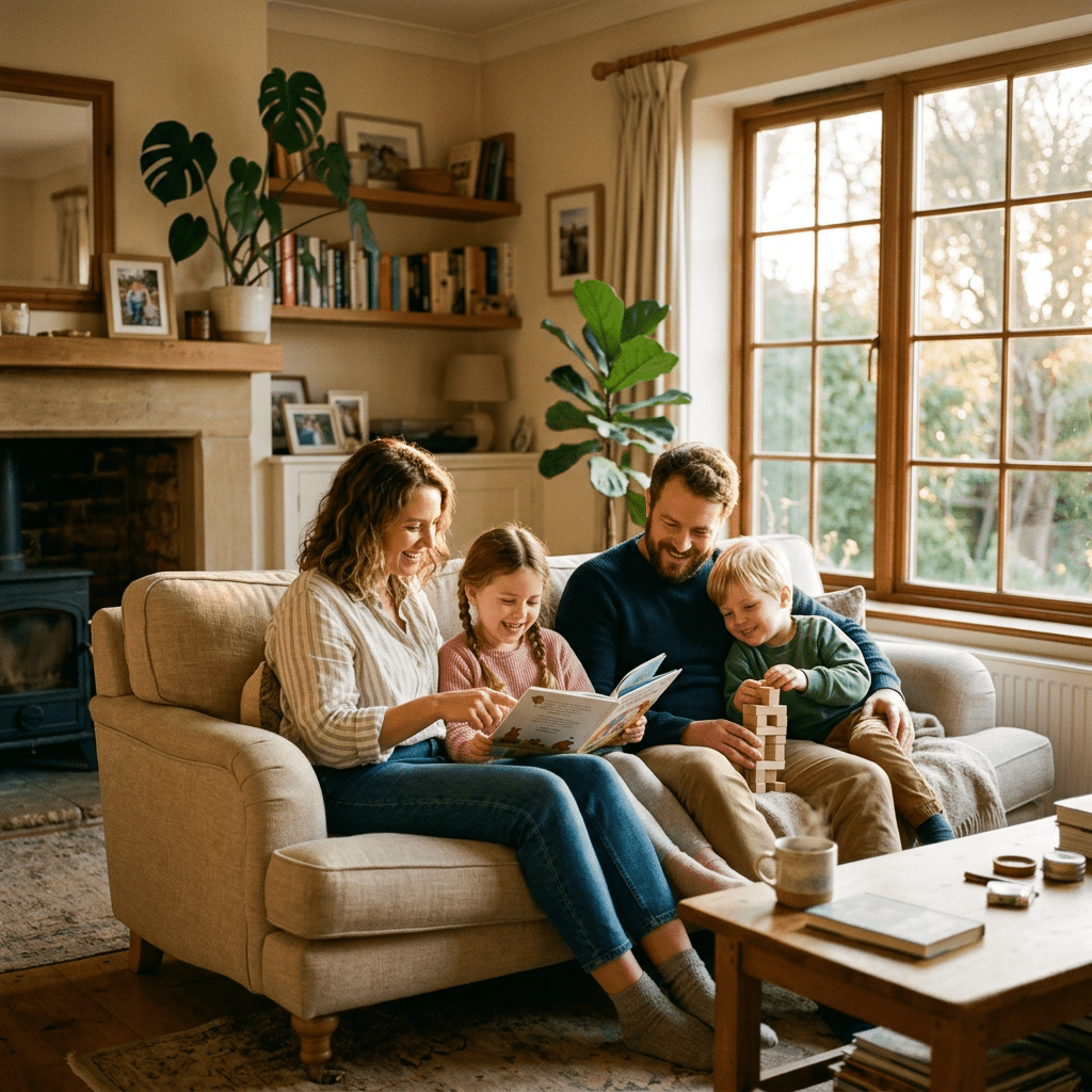 Family of four sitting on couch reading a book and playing with blocks