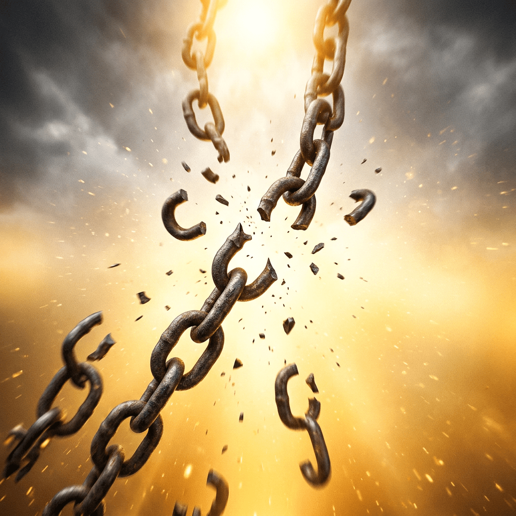Rusty metal chain breaking into pieces with sparks and glowing light