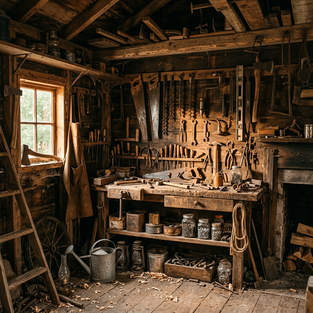 Rustic woodworking shop with various hand tools hanging on the wall and a workbench with jars and wood shavings