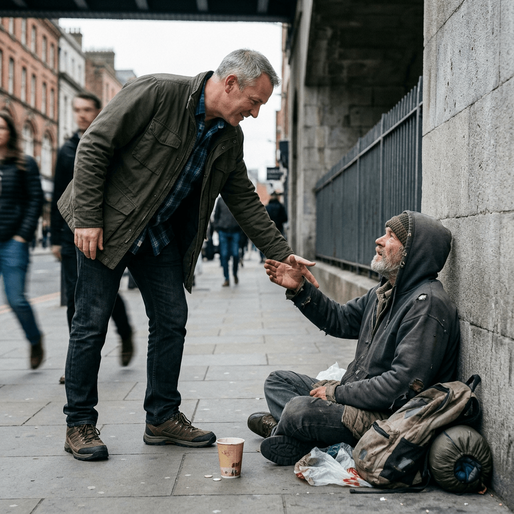 Man leaning down to shake hands with a homeless man sitting against a wall on a city sidewalk.