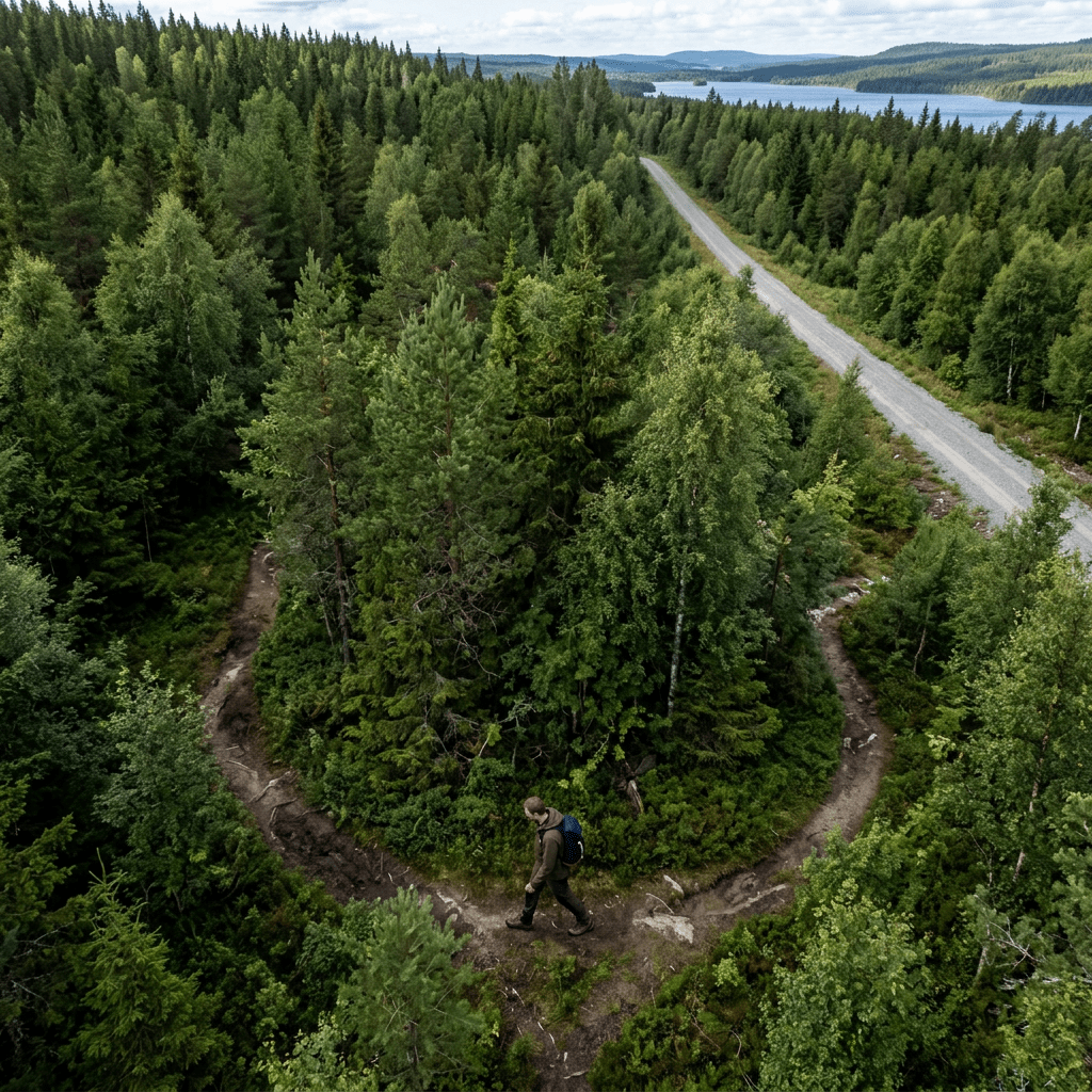 A person hiking along a forked trail in a green forest near a lake