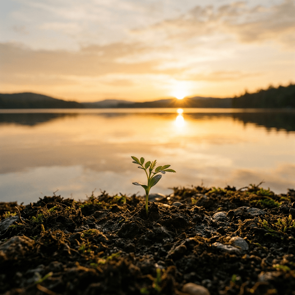 Young seedling growing beside a lake at sunset