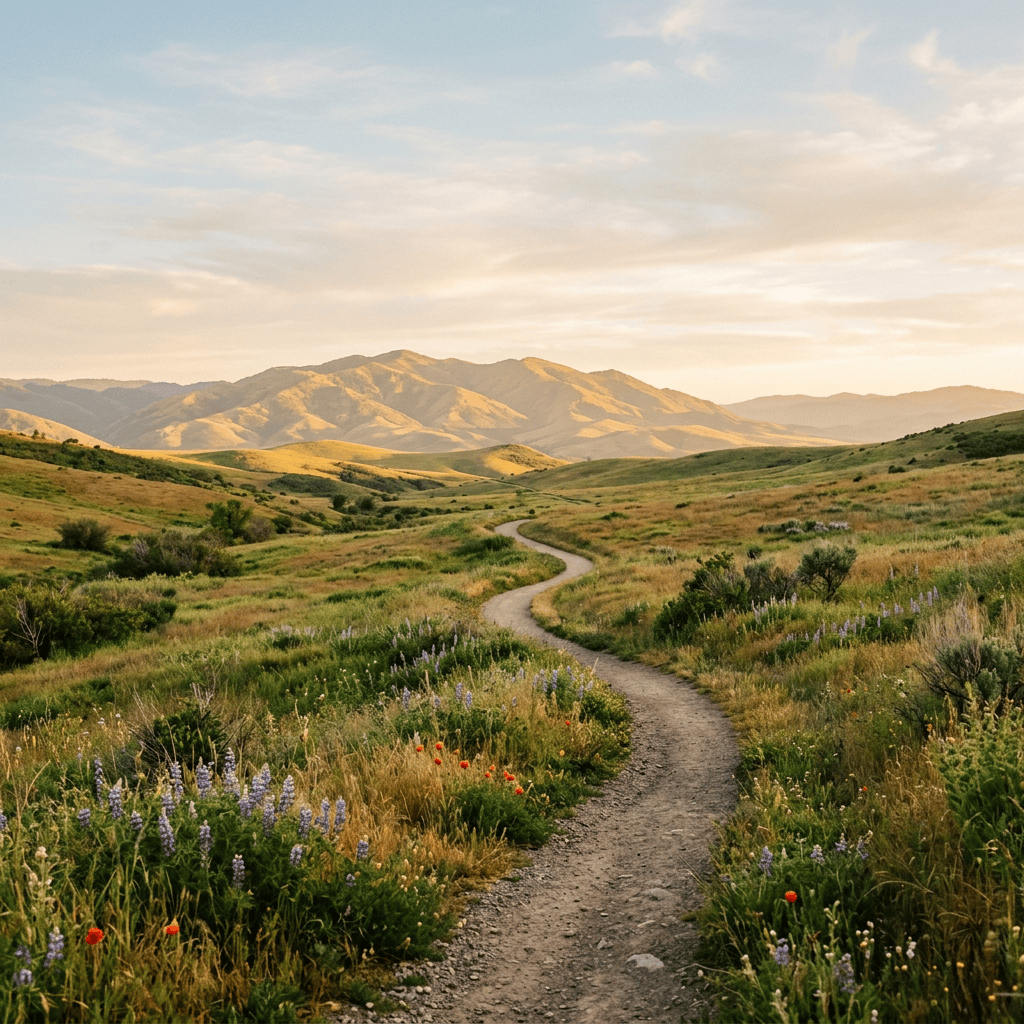 Winding dirt trail through a wildflower meadow toward sunlit mountains