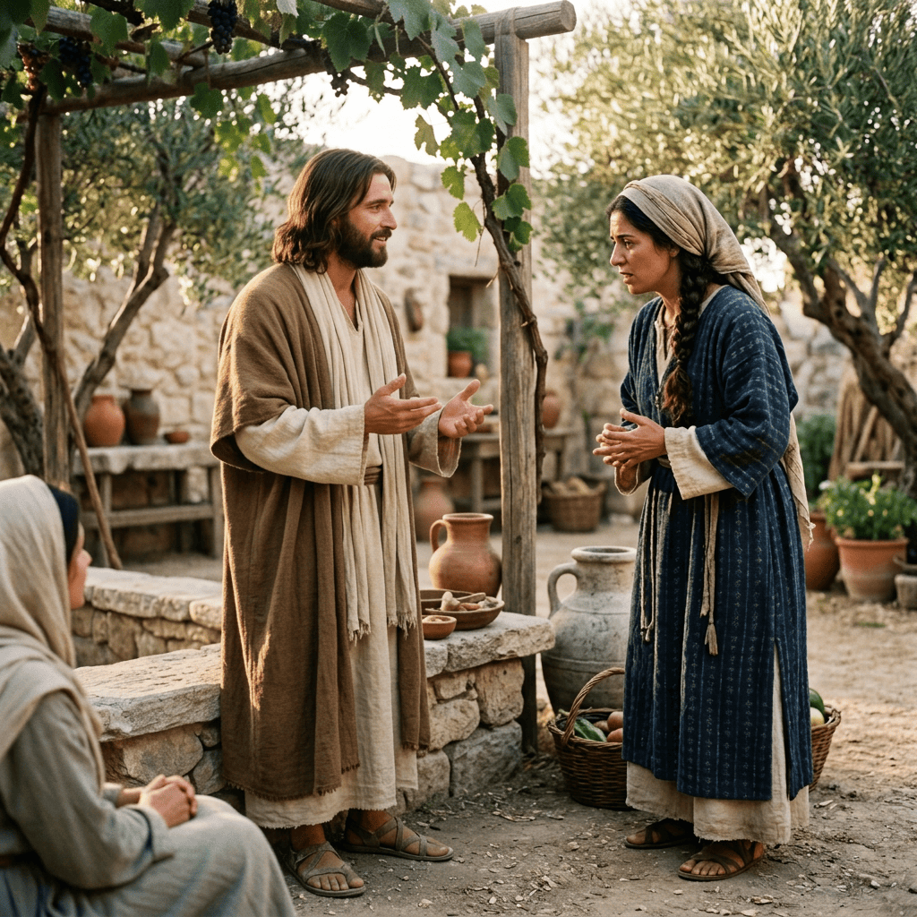 A robed man and woman converse beneath grapevines in a village courtyard